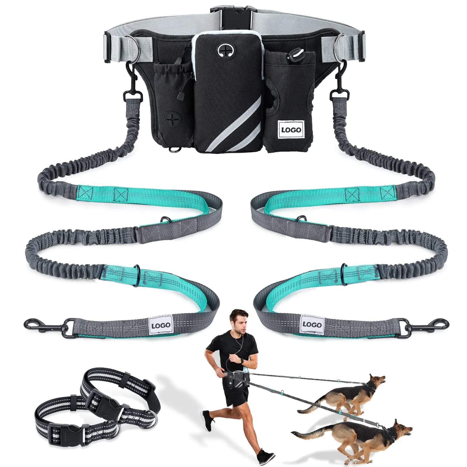 Black nylon dog walking set with adjustable waist bag, leash, and collar for outdoor pet training