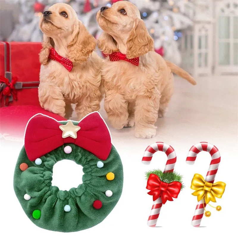Red bow-knot Christmas pet scarf with colourful fuzzy balls on a dog, showing floral pattern and adjustable fit.