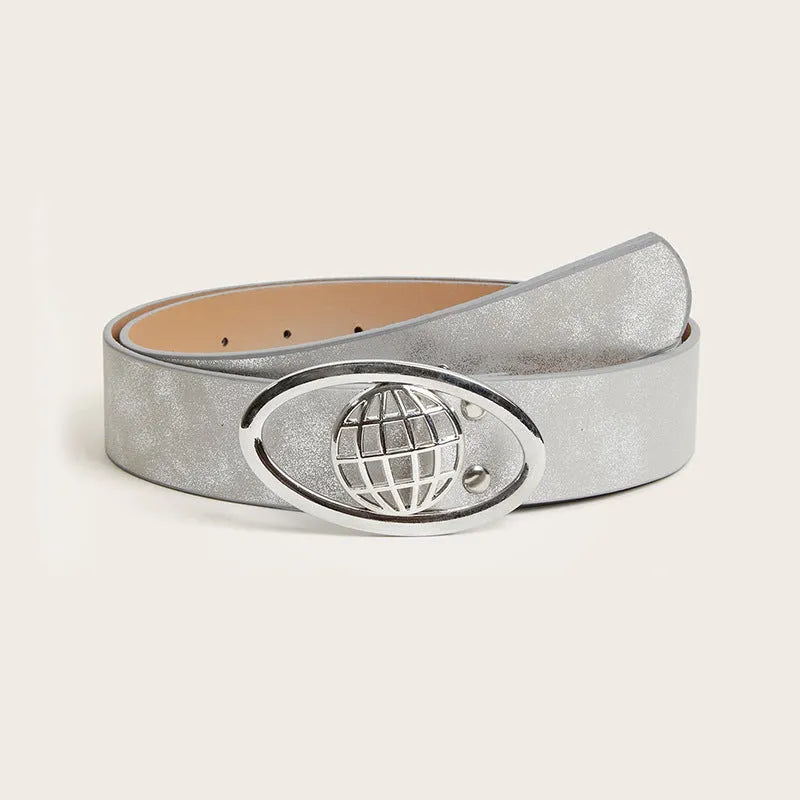Retro thick women's belt with oval alloy buckle in earth style grey white colour