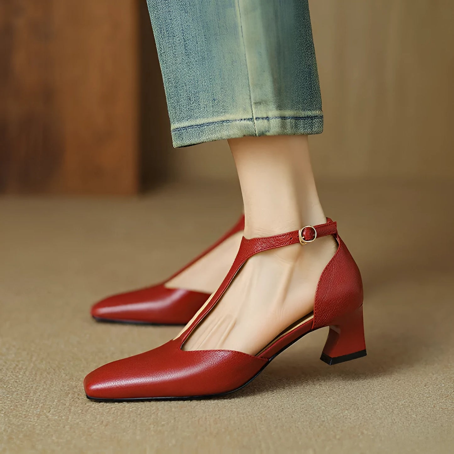 Wine red sheepskin leather high-heel shoes with square toe, chunky heel, and buckle fastening.