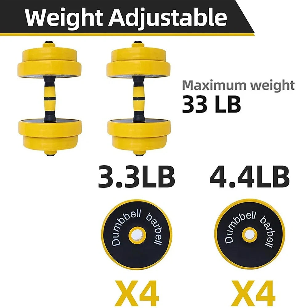Yellow adjustable dumbbell barbell set with weight plates and connecting rod for home gym