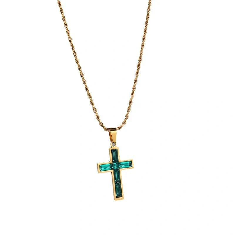 Elegant European and American-inspired diamond cross necklace with unique geometric design and vibrant, fade-resistant finish