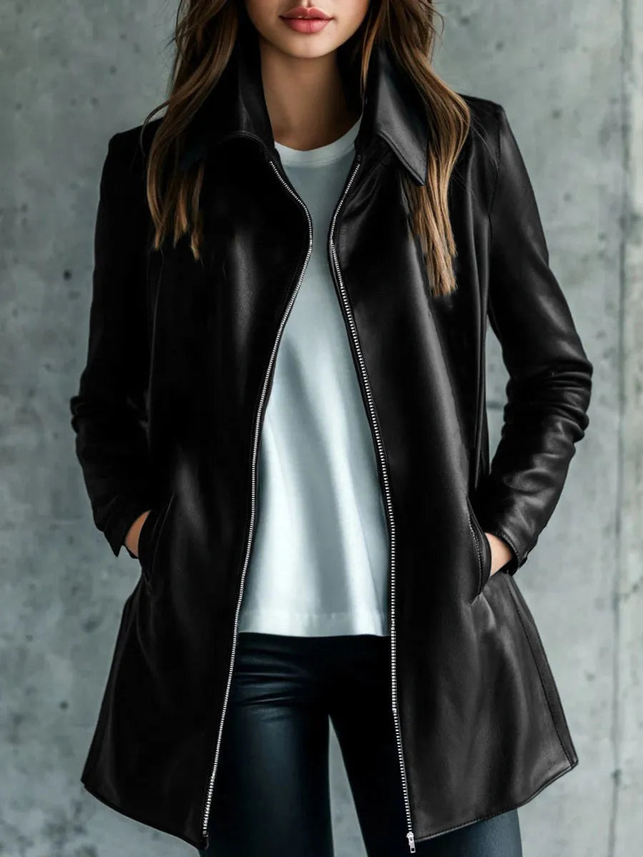 Women's black leather-look polyester jacket with long sleeves and medium length