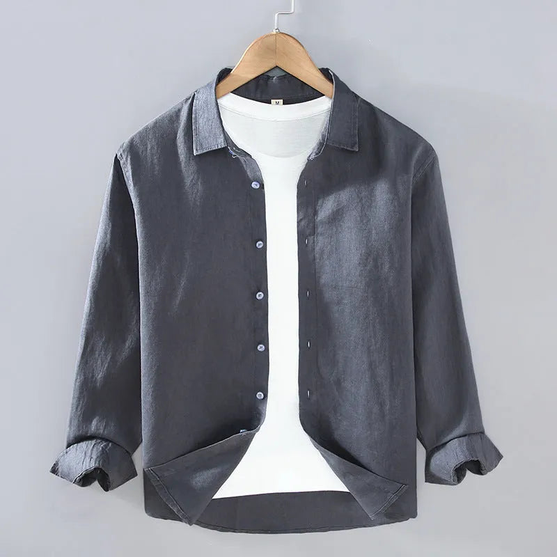 Men's pure linen long sleeve cardigan style shirt in solid colour
