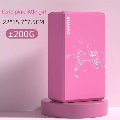 High-density EVA foam yoga block in violet colour, shown next to a pink block with a cartoon bunny print.