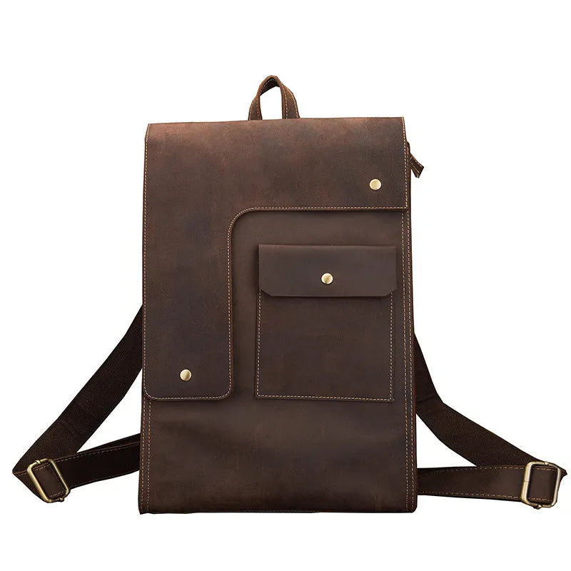 Dark brown genuine leather men's travel bag with vertical square design and double shoulder straps