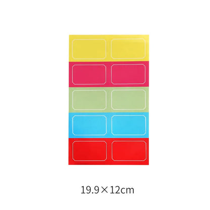 Handwritten label adhesive sticker set showing grid layouts, sticky notes, and A6 rulers on paper