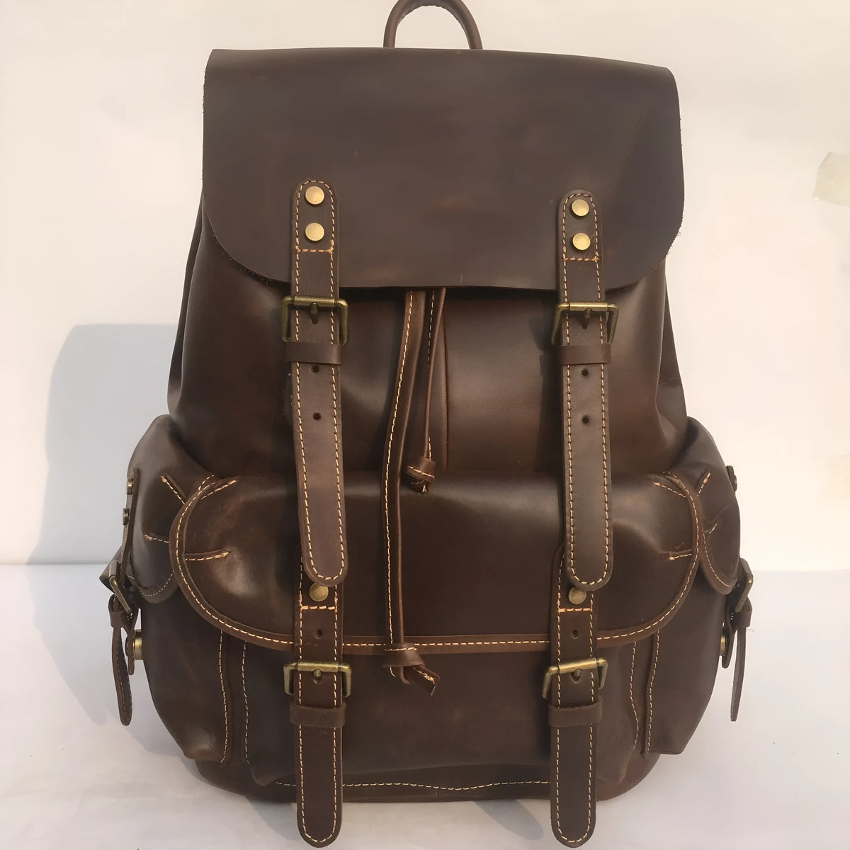 Brown genuine leather men's back package with air pillow belt system