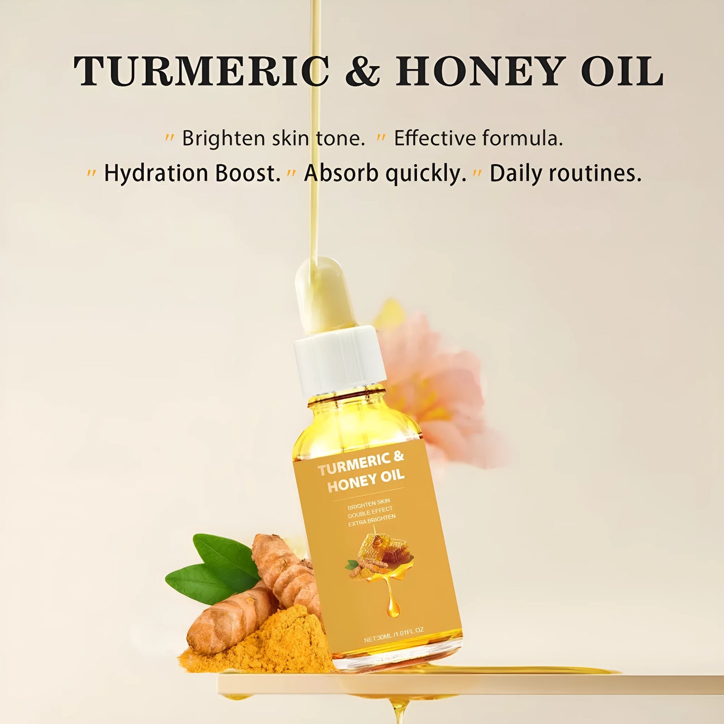 30ml bottle of Turmeric Honey Essential Oil in neutral packaging for facial skincare.