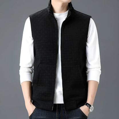 A casual sleeveless vest or waistcoat in a cardigan style, shown in a neutral colour.