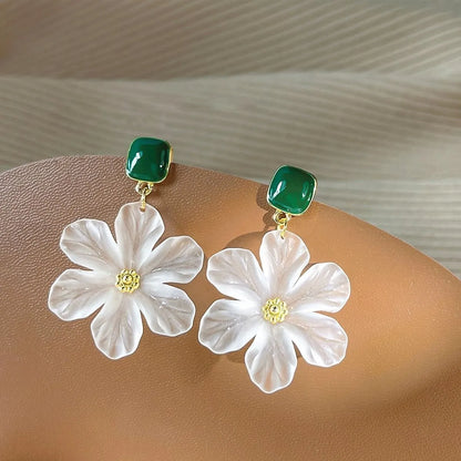 Dark green sweet flower design alloy earrings with needle construction for female wearers