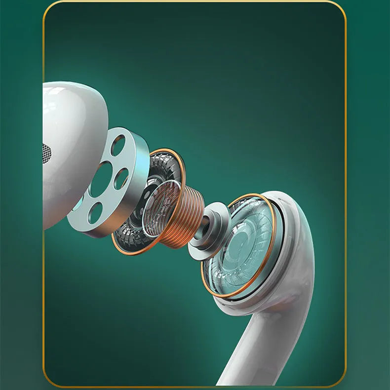 White Wireless Budz5 Bluetooth semi-in-ear headphones with charging compartment showing V5.1 technology