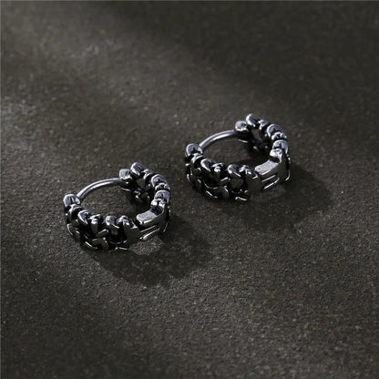 Men's geometric copper hip-hop earrings on a flat surface, showing 10mm and 14mm size options.