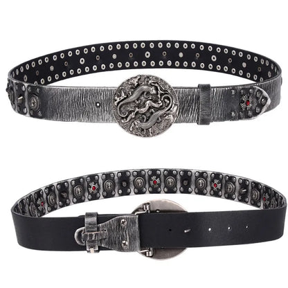 Men's punk style leather belt with metal rivet detailing on genuine leather strap with alloy buckle