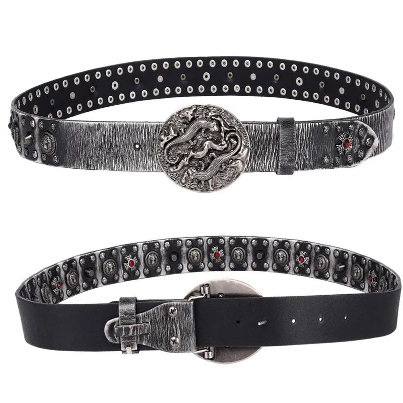 Men's leather belt punk style rivet design genuine leather smooth buckle fastening adjustable length from 105cm to 125cm in retro colours black red white yellow for casual wear