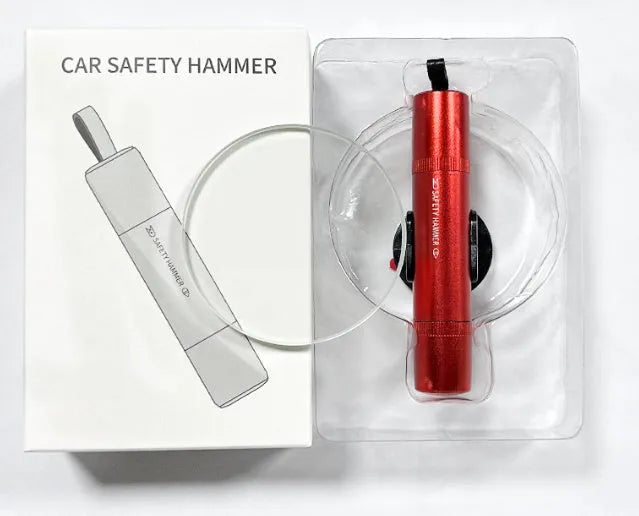 Aluminium alloy car safety hammer with a hardened steel tip for breaking windows and cutting seatbelts.