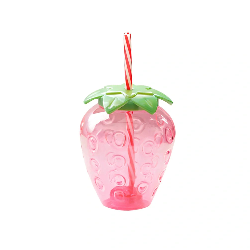500ml strawberry-shaped water bottle with integrated straw, red with green leaf details