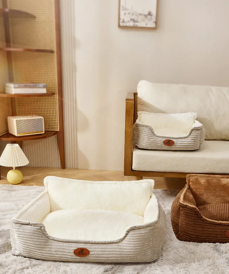 Coffee coloured removable washable pet kennel cushion bed for small medium dogs cats on a wooden floor