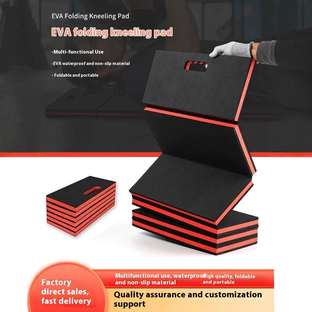 Green EVA foam folding kneeling mat unfolded on a garage floor