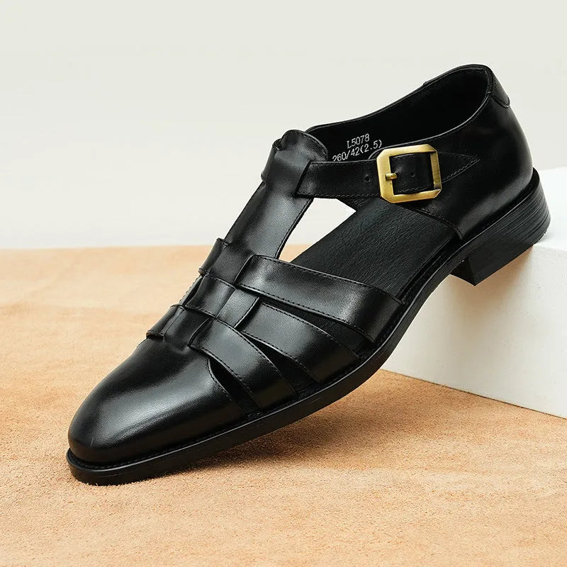 Men's black genuine leather retro business sandals with a rubber sole and pigskin lining.