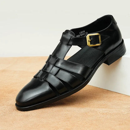 Men's black genuine leather retro business sandals with a rubber sole and pigskin lining.