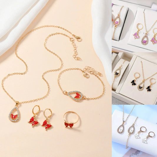 Women's 4PCS Butterfly Jewelry Set with diamond accents in red, pink, white, and black