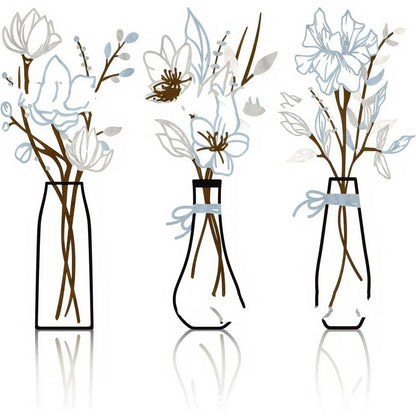 Three metal flowers wall art pieces with country farmhouse design and colour vase decorations