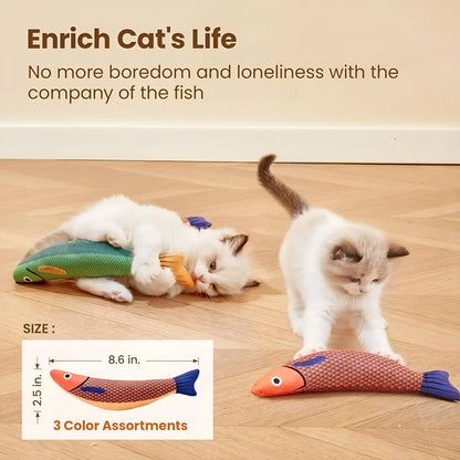 Green catnip-filled saury fish toy measuring 24cm with crinkle sound layer for feline play