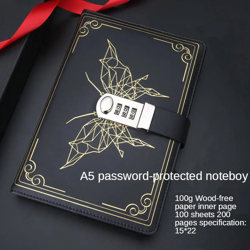 Retro PU notebook with password lock, butterfly codebook design, 15 x 22 cm cover, available in four colours