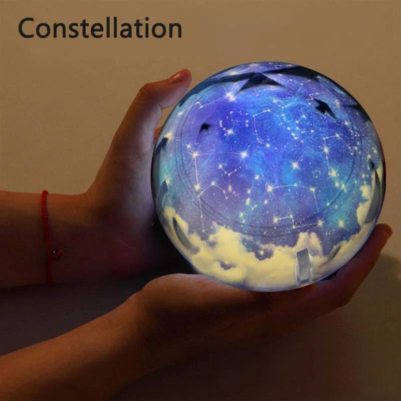 Celestial Lamp with rotating projection of stars, planets, and cosmic phenomena onto walls and ceiling