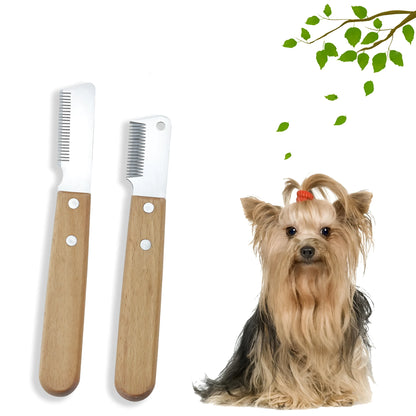 Dog stripping comb grooming tool with wood handle and metal blade for removing hair.