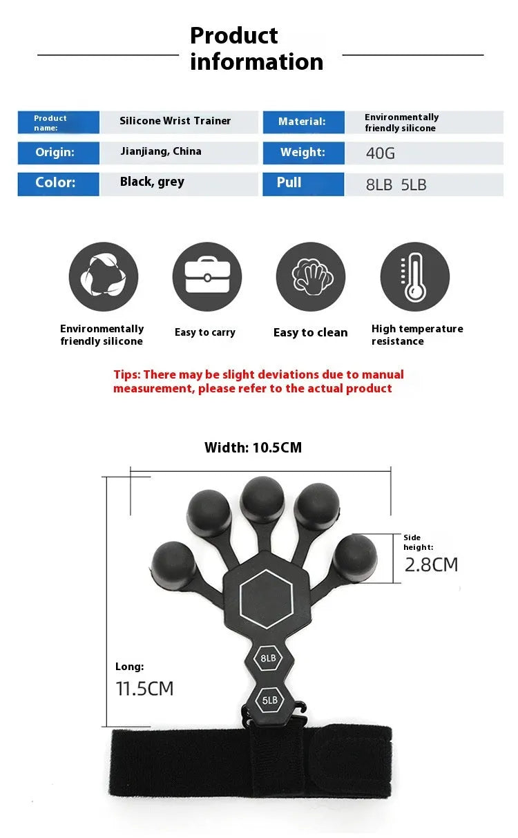 Black and grey silicone 5-finger rehabilitation hand trainer for adult fitness and strength training