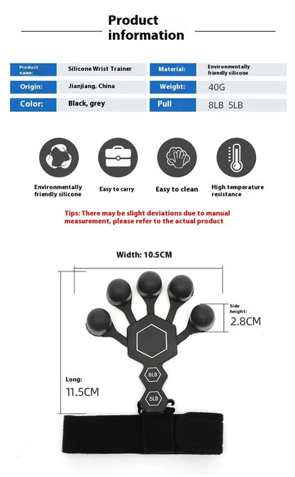 Black and grey silicone 5-finger rehabilitation hand trainer for adult fitness and strength training