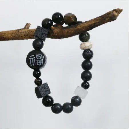 Hand-woven black agate ceramic bracelet with natural glitter stones and geometric design