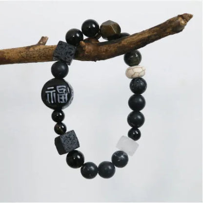 Hand-woven black agate ceramic bracelet with natural glitter stones and geometric design
