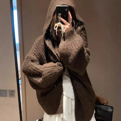 Women's grey hooded cardigan with thick acrylic fabric and regular sleeves
