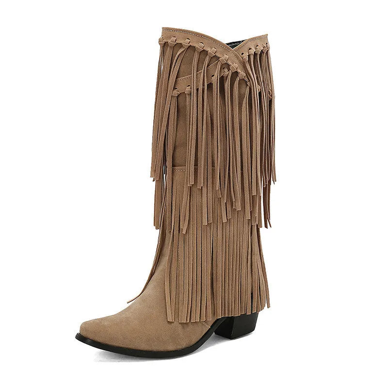 Women's black suede high boots with tassel detail, chunky heel, and square toe.