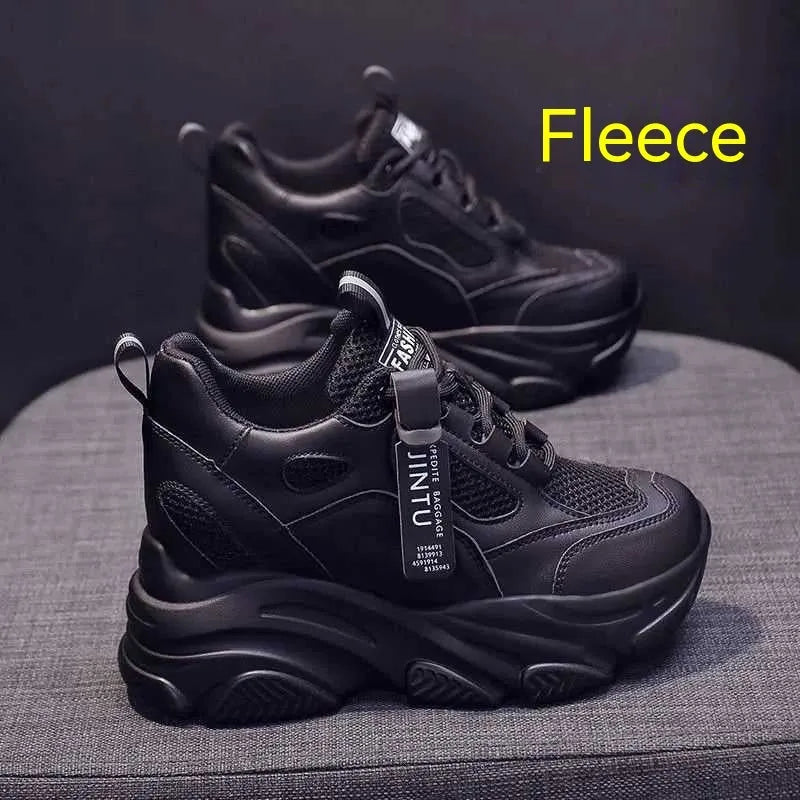 Women's black mesh platform casual shoes with a hollow-out design and a toe-holder strap.