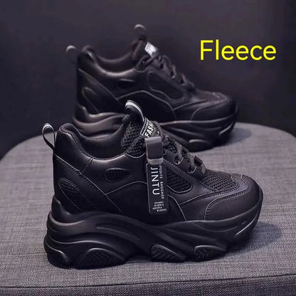 Women's black mesh platform casual shoes with a hollow-out design and a toe-holder strap.