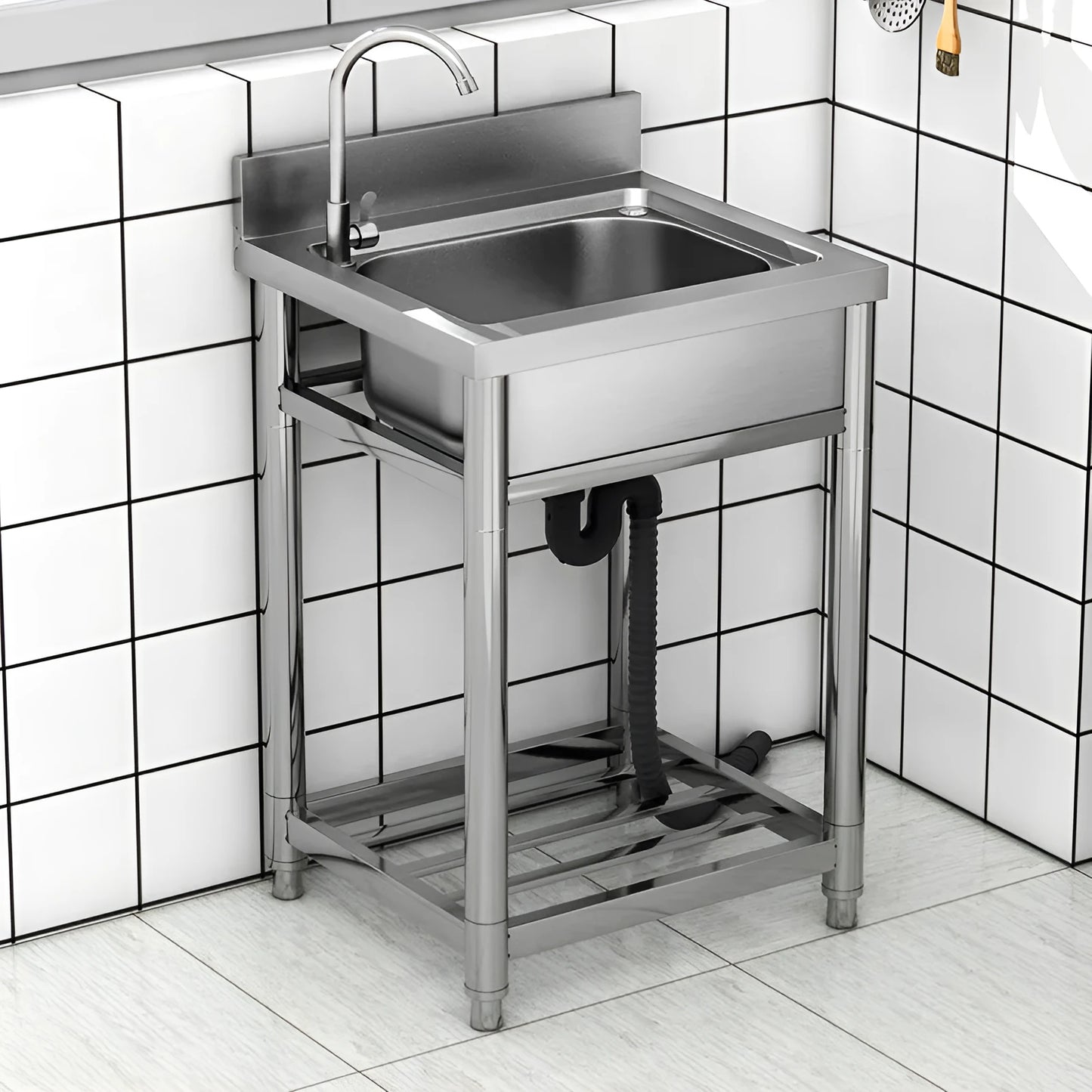 Stainless steel vegetable washing basin with a brushed finish and a deep, single sink design.