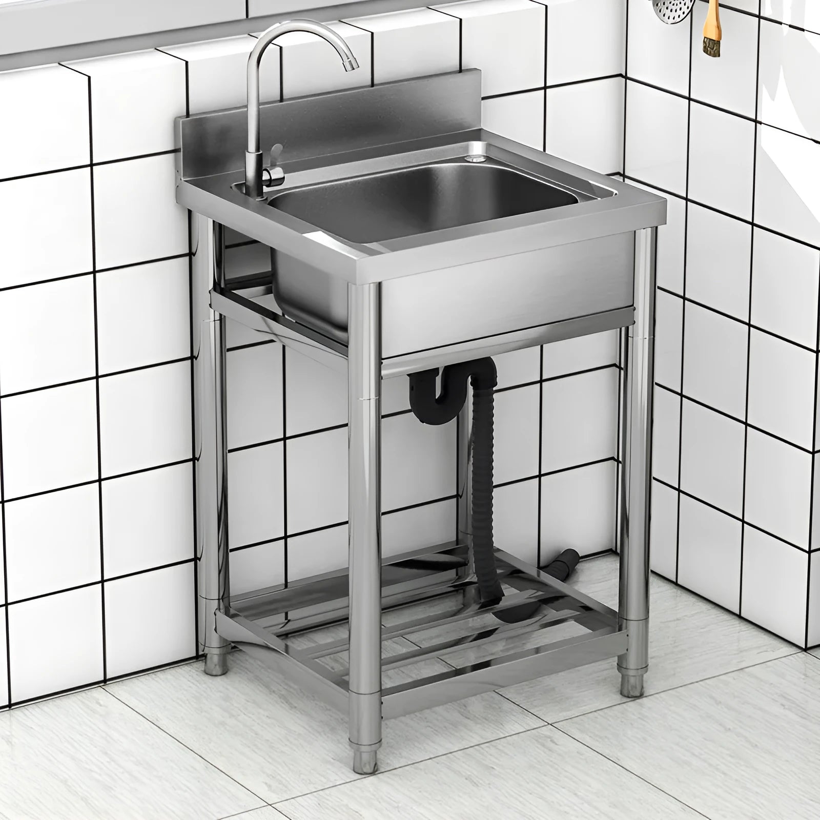 Stainless steel vegetable washing basin with a brushed finish and a deep, single sink design.