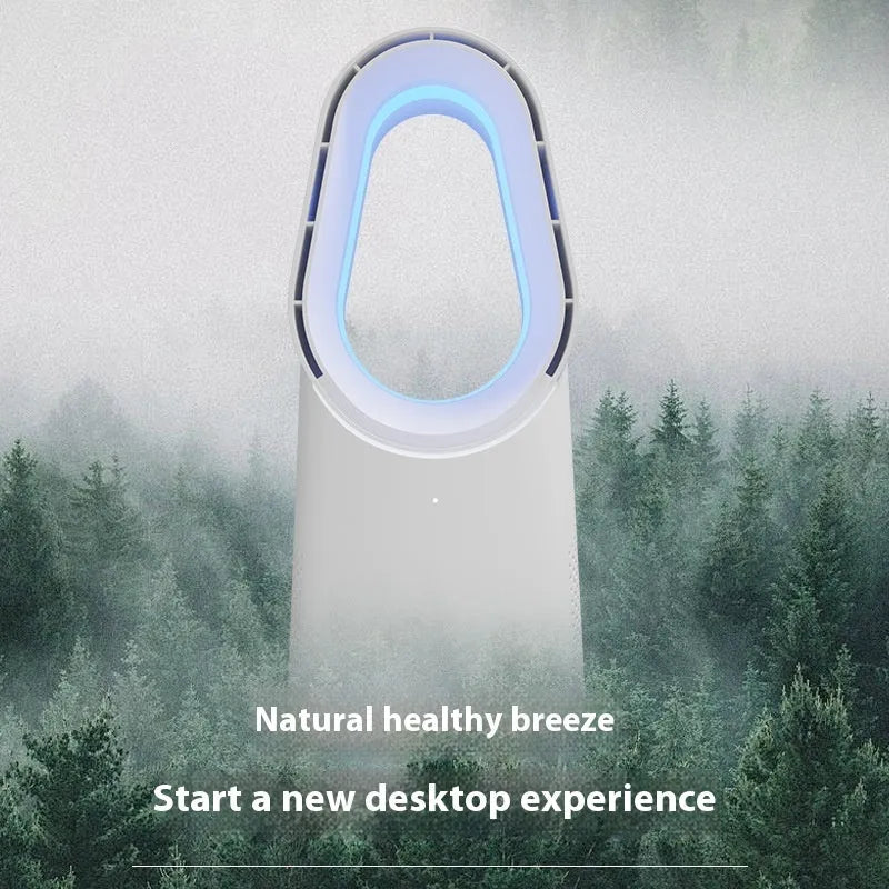 White bladeless tower floor fan with remote control and touch buttons on a desk.