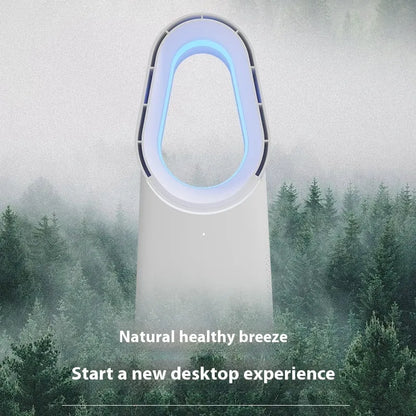 White bladeless tower floor fan with remote control and touch buttons on a desk.