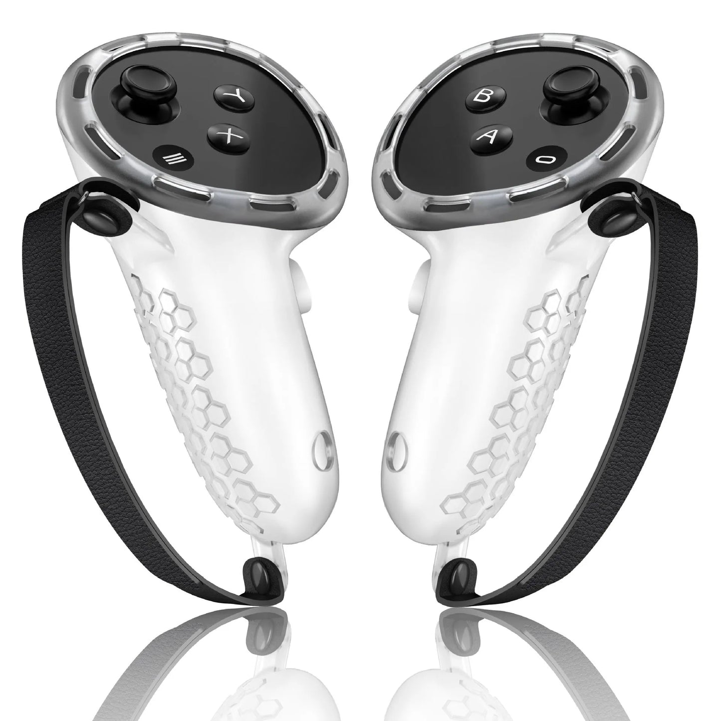 Silicone protective sleeve on a Meta Quest 3 VR controller handle in multiple colour options.