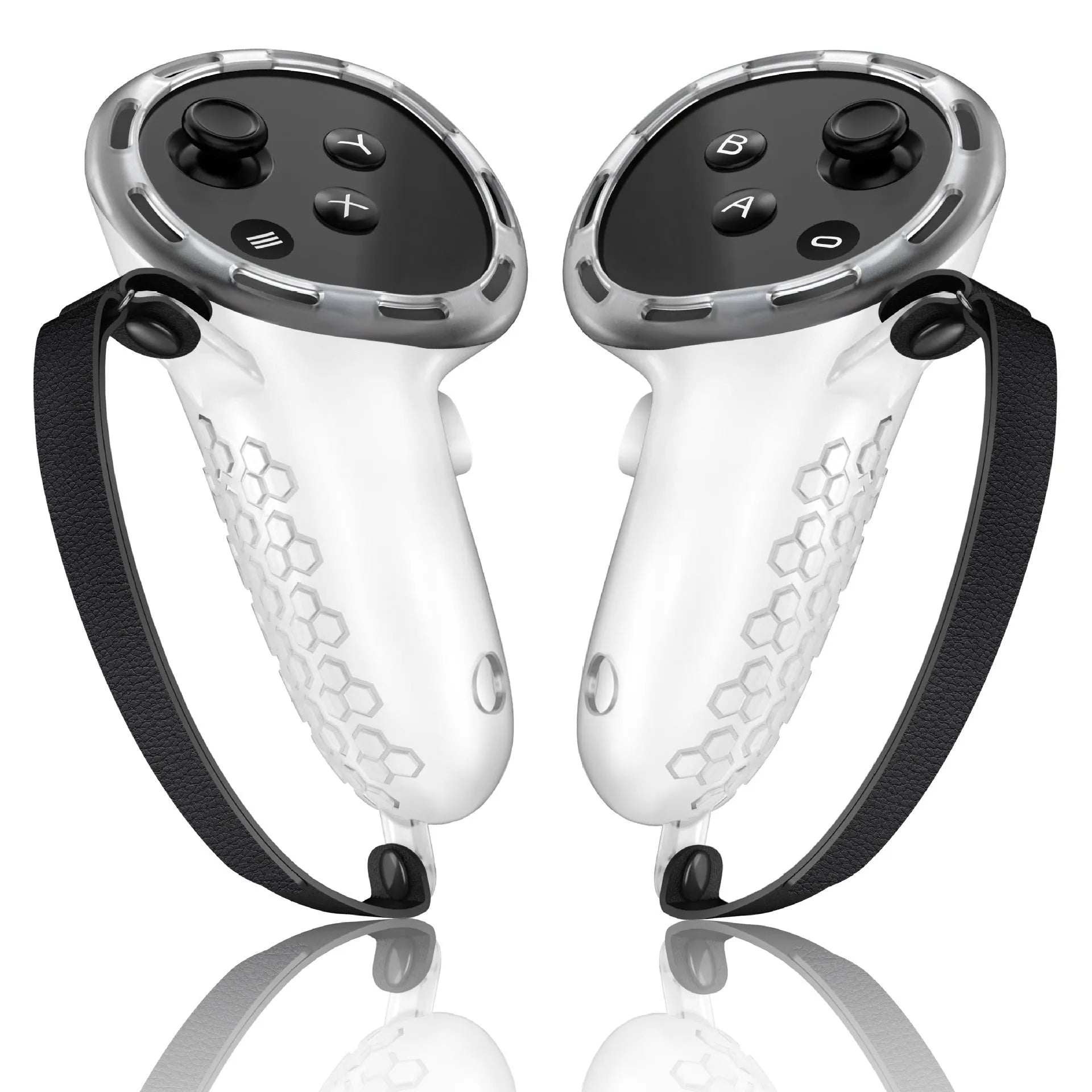 Silicone protective sleeve on a Meta Quest 3 VR controller handle in multiple colour options.