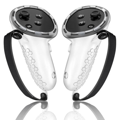 Silicone protective sleeve on a Meta Quest 3 VR controller handle in multiple colour options.