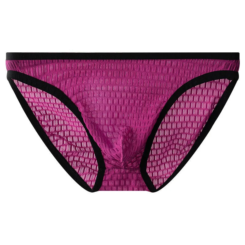 Men's low waist transparent lace underwear in various colours on a size chart background.