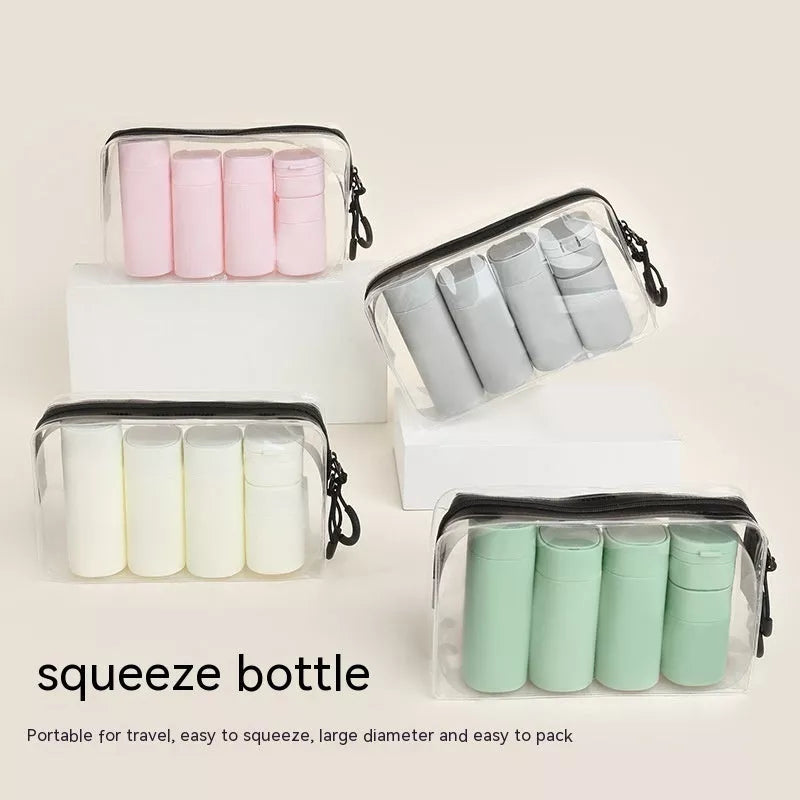 Travel portable filling set lotion bottle in white, pink, grey, and green