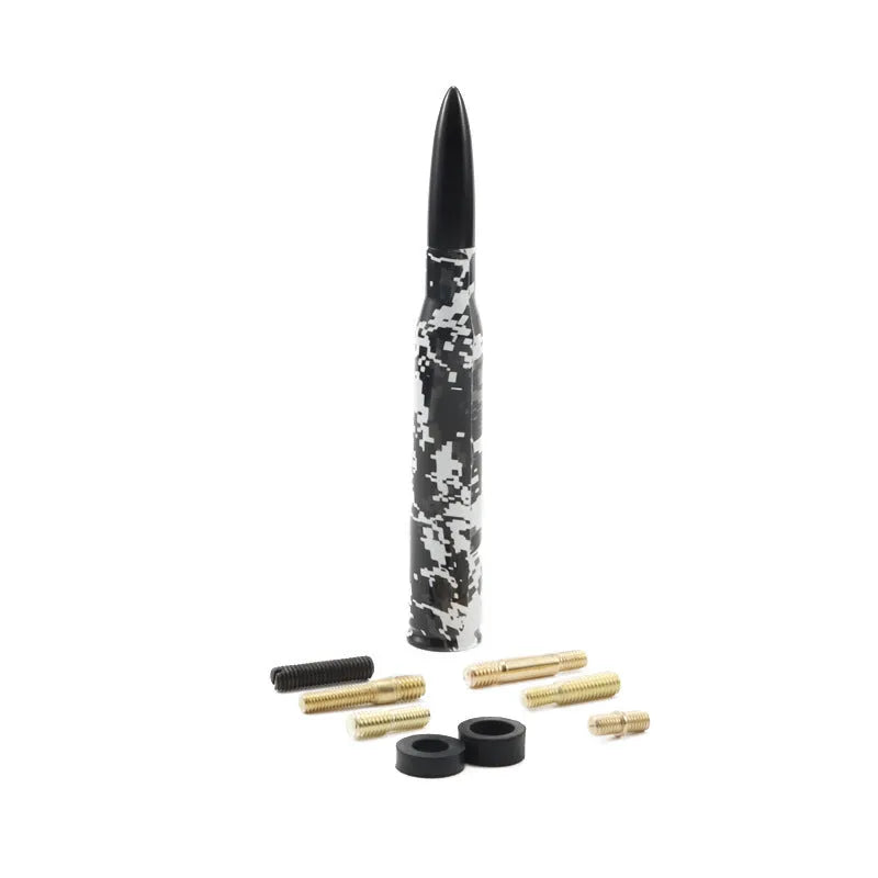 14cm long bullet car antenna shown in colour black, camouflage green, and American flag designs.