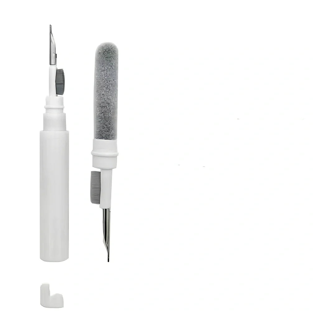 White dual-end earphone cleaning pen, 13 cm long with bristle brush and metal tip for dust and wax removal
